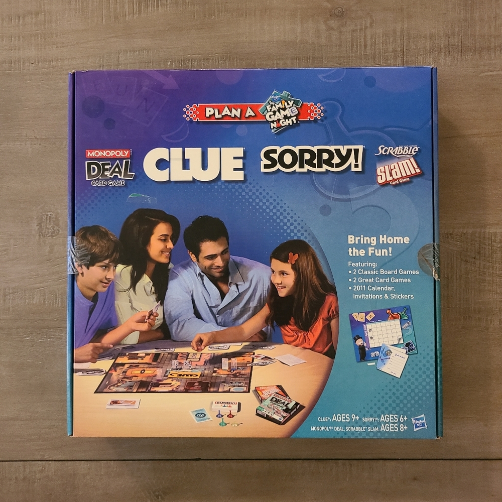 Family Game Night Board Game Set – Monopoly Deal, Clue, Sorry!, & Scrabble Slam!